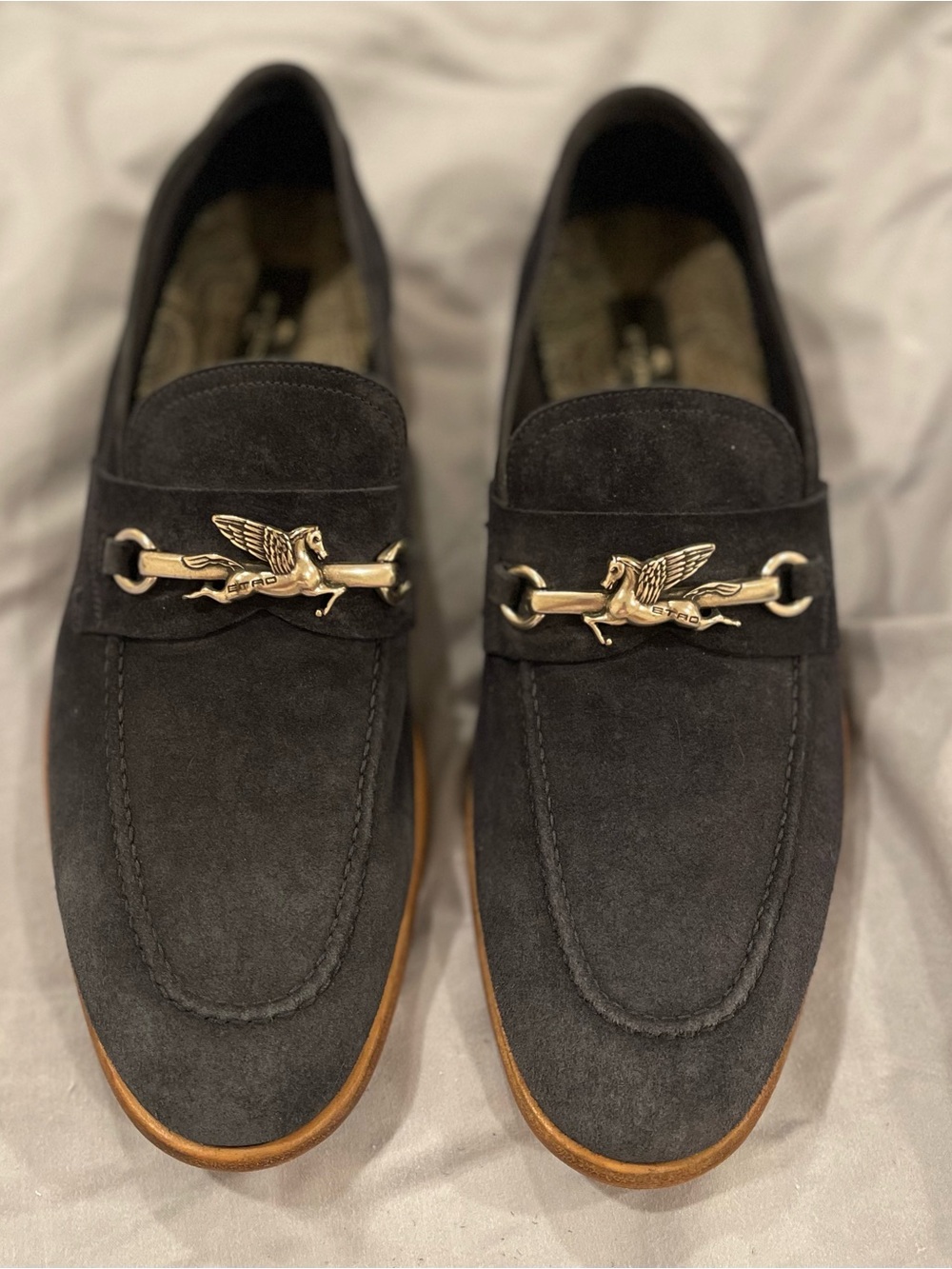 ETRO Pegaso Applique Penny Loafers Navy Blue Calf Leather
